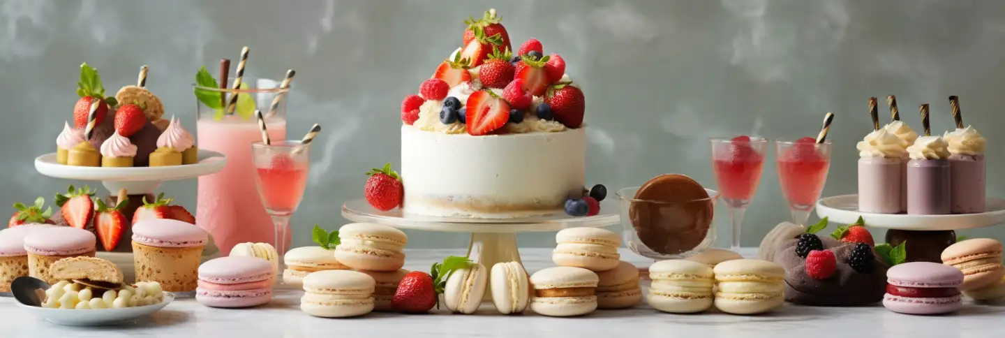 Variety of elegant desserts and cakes, including a frosted cake, colorful macarons, delicate pastries, and gourmet cupcakes on a marble countertop, captured with soft natural lighting