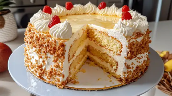 A Pina Colada Cake with layers of pineapple, coconut frosting, and toasted coconut garnish