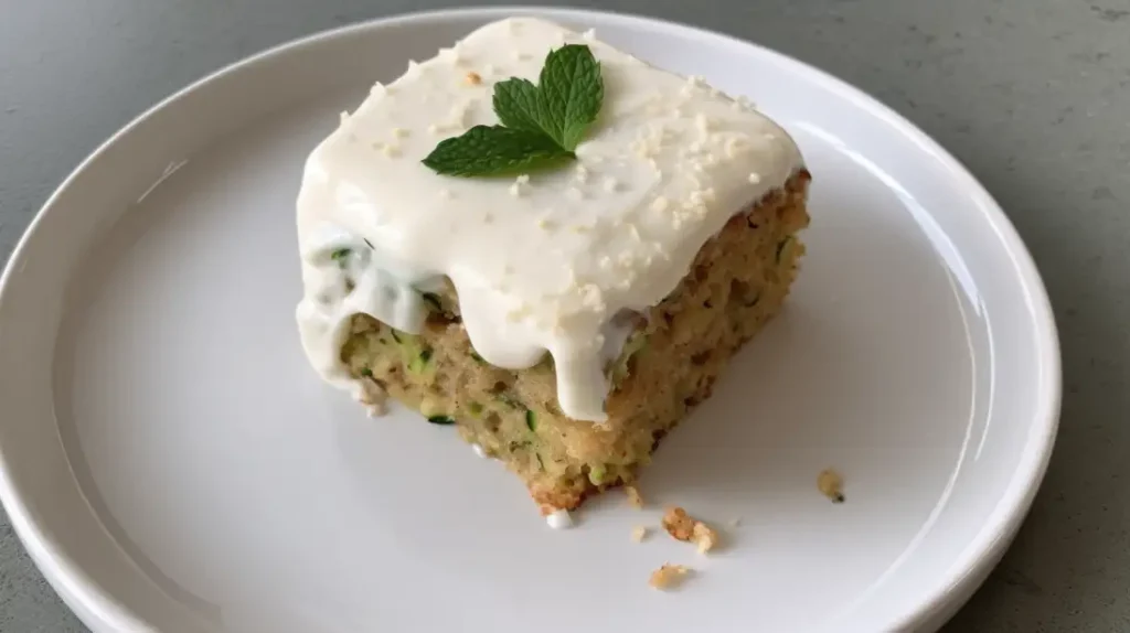 A moist slice of zucchini cake topped with cream cheese frosting on a rustic wooden table.