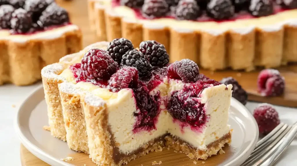 A slice of blackberry cheesecake with fresh blackberries on top