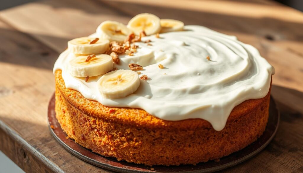 A slice of moist banana cake topped with cream cheese frosting, served on a plate with fresh banana slices.